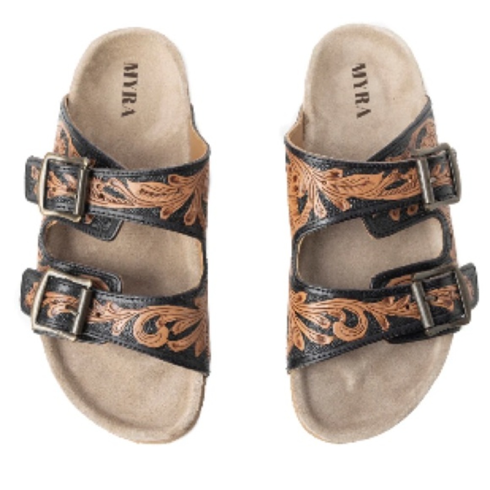 New Summer Myra Bag Handmade Tooled Genuine Leather Spring Sandals Black Brown - Picture 5 of 15